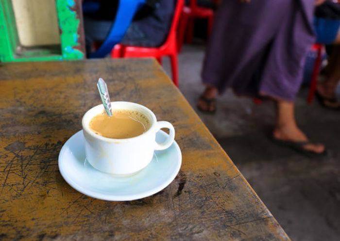 Classic Burmese laphet yay tea is a mix of evaporated milk, sweetened condensed milk and black tea.